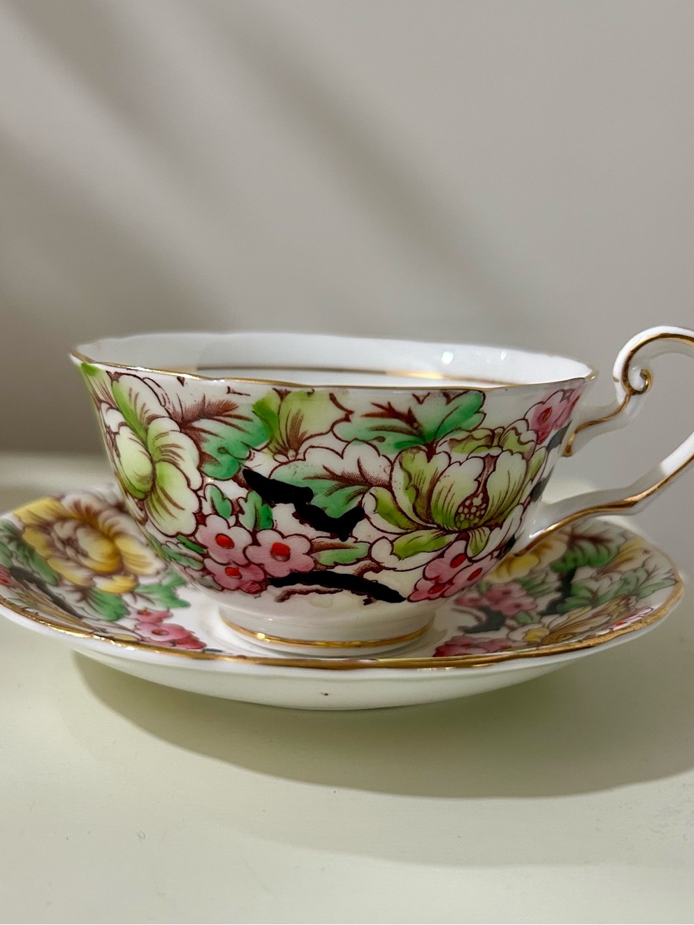 Victoria C&E Peony Gold-Trim Porcelain Teacup & Saucer Set